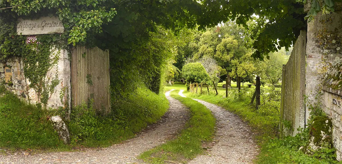 Un chemin de terre emmène vers ce magnifique trou de verdure où s’élevait autrefois l’une des grandes abbayes normandes.