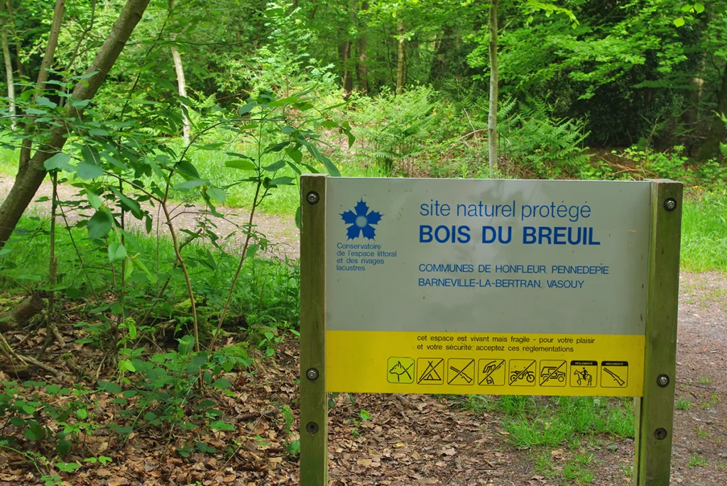 À l’orée du bois du Breuil, propriété du Conservatoire du littoral. Tout un programme sur un panneau. (© Stéphane William Gondoin)
