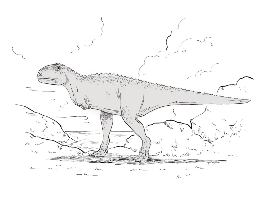 Reconstitution de Caletodraco cottardi, le dinosaure découvert dans les falaises de craie de Saint-Jouin-Bruneval. (© Ingrid Buffetaut)