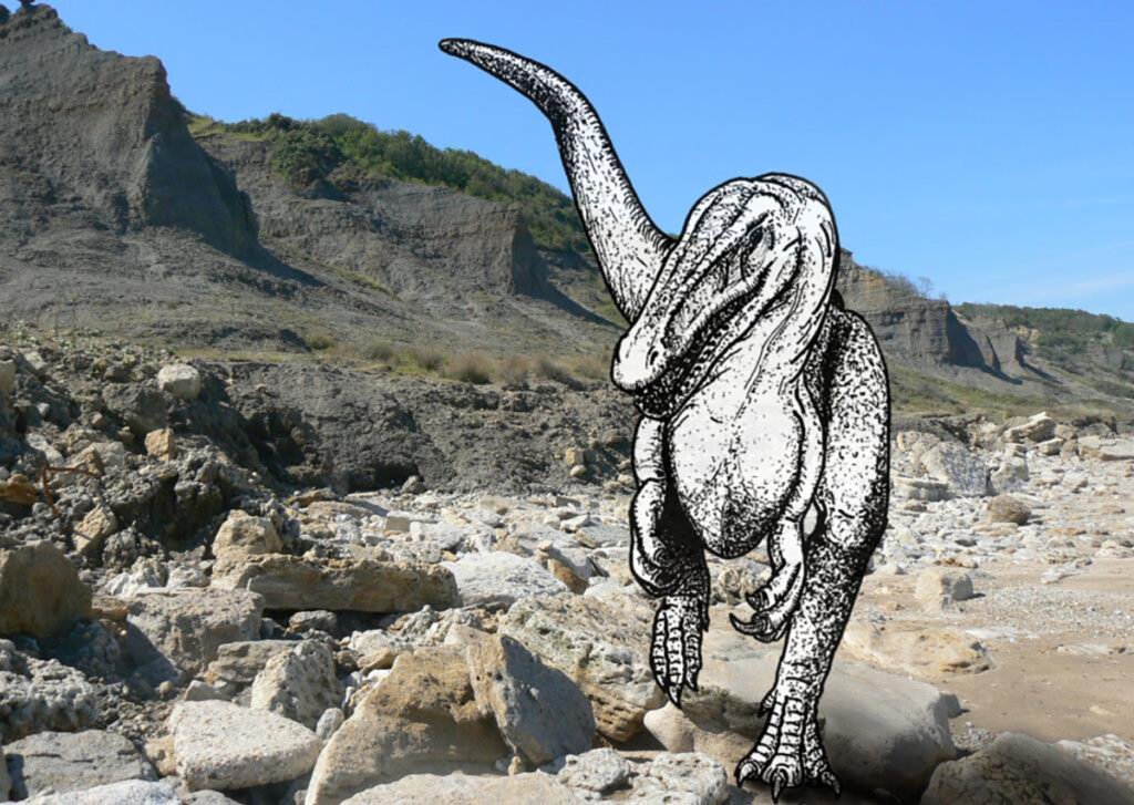Représentation artistique de Streptospondylus altdorfensis (Meyer, 1832) devant les falaises des Vaches-Noires (Calvados).