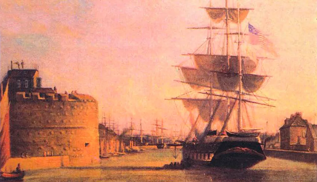 Entrée du port vers 1860, tableau conservé par la Chambre de commerce et d’industrie du Havre. On aperçoit à gauche la tour François-Ier. (DR)