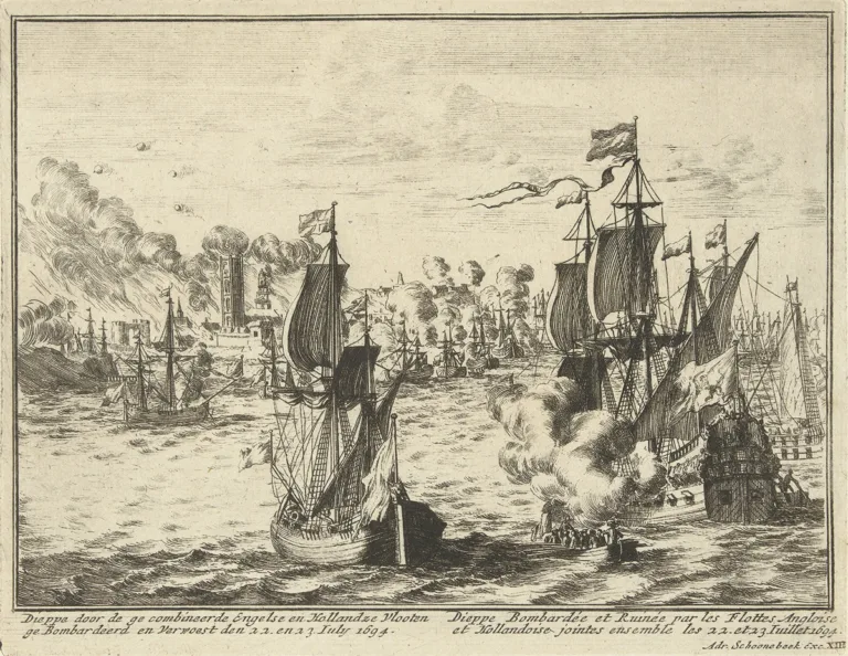 La « bombarderie » de Dieppe, en 1694. Attaque de la ville vue depuis le large. Gravure anonyme, 1695. (© Rijksmuseum d’Amsterdam – www.rijksmuseum.nl)