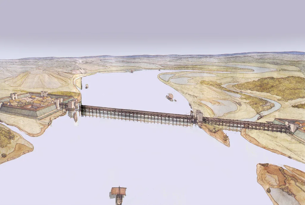 Aquarelle de Jean-Claude Golvin évoquant le système mis en place au-dessus de la Seine entre Igoville (à gauche) et Pont-de-l’Arche (à droite) au IXe siècle. (© Jean-Claude Golvin)