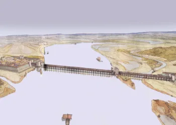 Aquarelle de Jean-Claude Golvin évoquant le système mis en place au-dessus de la Seine entre Igoville (à gauche) et Pont-de-l’Arche (à droite) au IXe siècle. (© Jean-Claude Golvin)