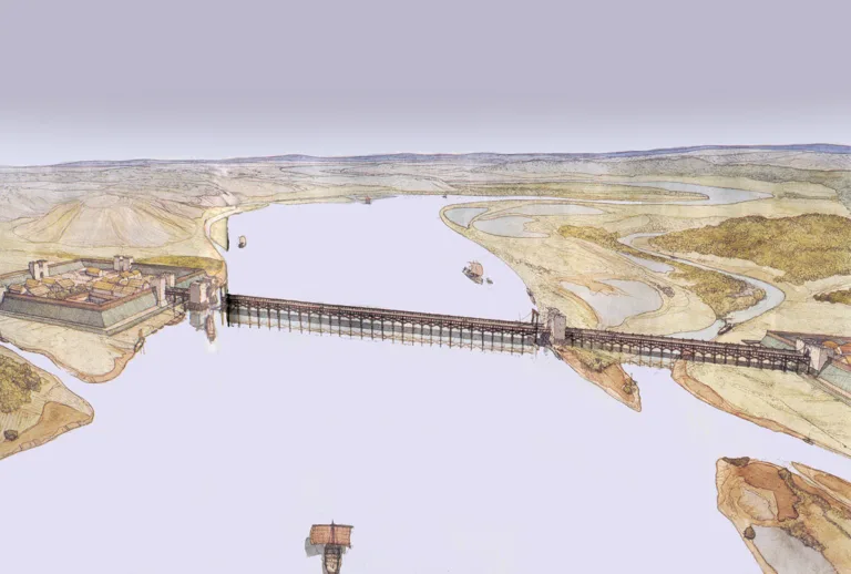 Aquarelle de Jean-Claude Golvin évoquant le système mis en place au-dessus de la Seine entre Igoville (à gauche) et Pont-de-l’Arche (à droite) au IXe siècle. (© Jean-Claude Golvin)