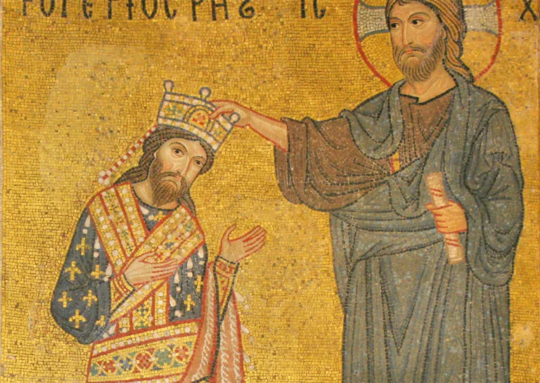 Roger II, roi de Sicile, couronné par le Christ en personne. Une nouvelle monarchie de droit divin… (© Pixelfehler – Domaine public – Wikimedia commons)