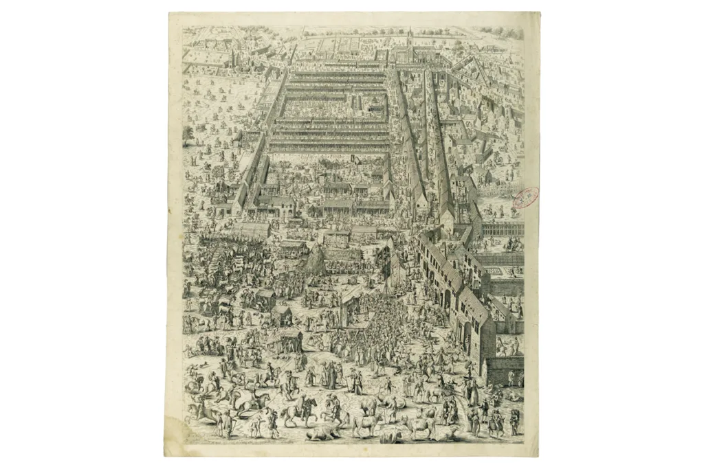 La foire de Guibray sous Louis XIII, d’après l’estampe originale de François Chauvel réalisée en 1658 pour le marquis de Thury et de la Motte-Harcourt, comte de Croisy, gouverneur des ville et chateau de Falaise. (DR)