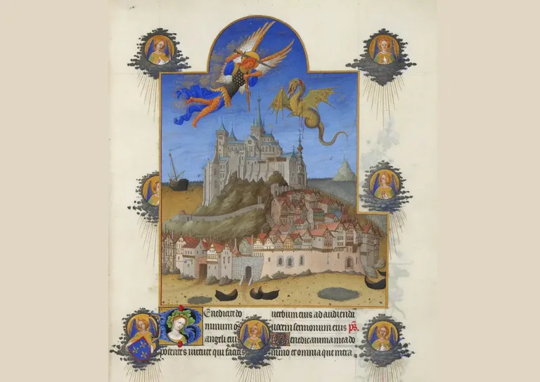 Le Mont Saint-Michel. Les Très riches heures du duc de Berry. XIVe (Les Très Riches Heures du duc de Berry, manuscrit conservé au musée Condé à Chantilly, sous la cote Ms. 65. Voir miniature Le Mont Saint-Michel dans La Fête de l'Archange, f.195 - DR).