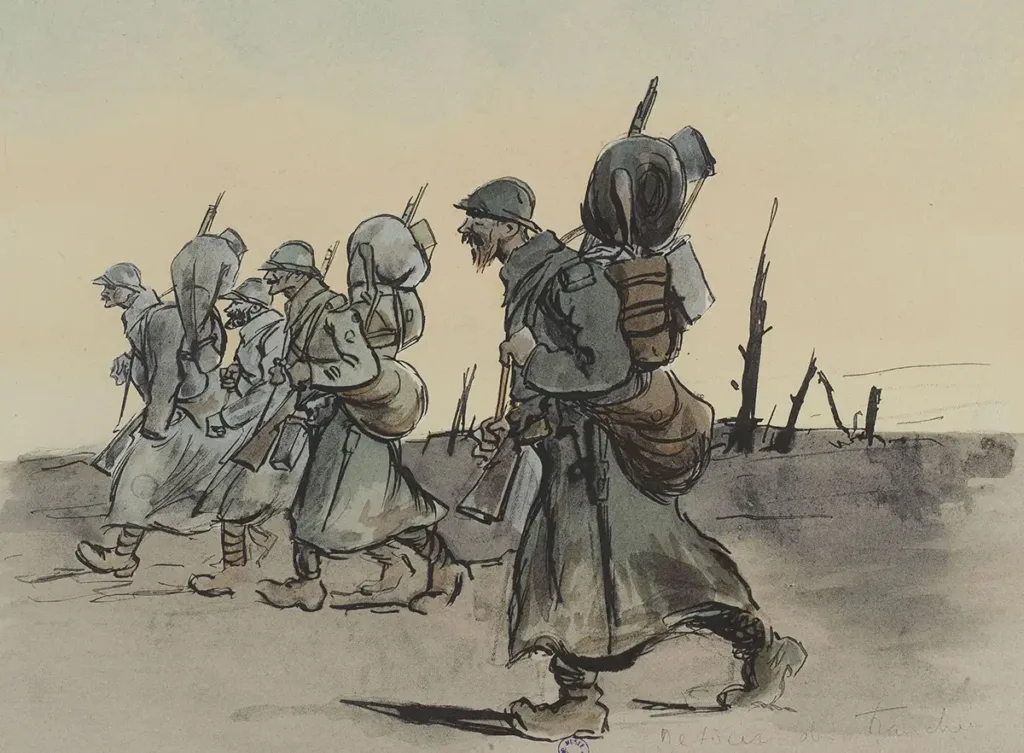 La saga Les Thibault emmène le lecteur de la Belle Époque à la Première Guerre mondiale. Retour des tranchées par Sem (Roger Goursat), dans Quelques croquis de guerre, 1915-1916. (© Paris musées – Musée Carnavalet - www.parismusees.paris.fr – Domaine public)