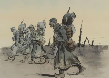 La saga Les Thibault emmène le lecteur de la Belle Époque à la Première Guerre mondiale. Retour des tranchées par Sem (Roger Goursat), dans Quelques croquis de guerre, 1915-1916. (© Paris musées – Musée Carnavalet - www.parismusees.paris.fr – Domaine public)