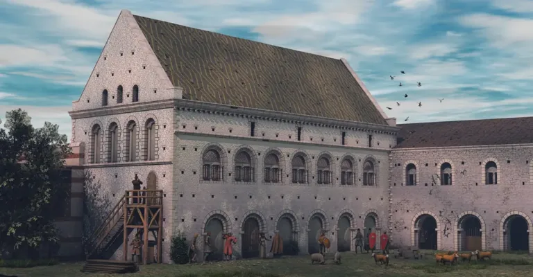 Au cœur de l’Histoire de la Normandie – Le palais ducal disparu de Lillebonne. Restitution de l’aula. (© 3D Érik Follain)