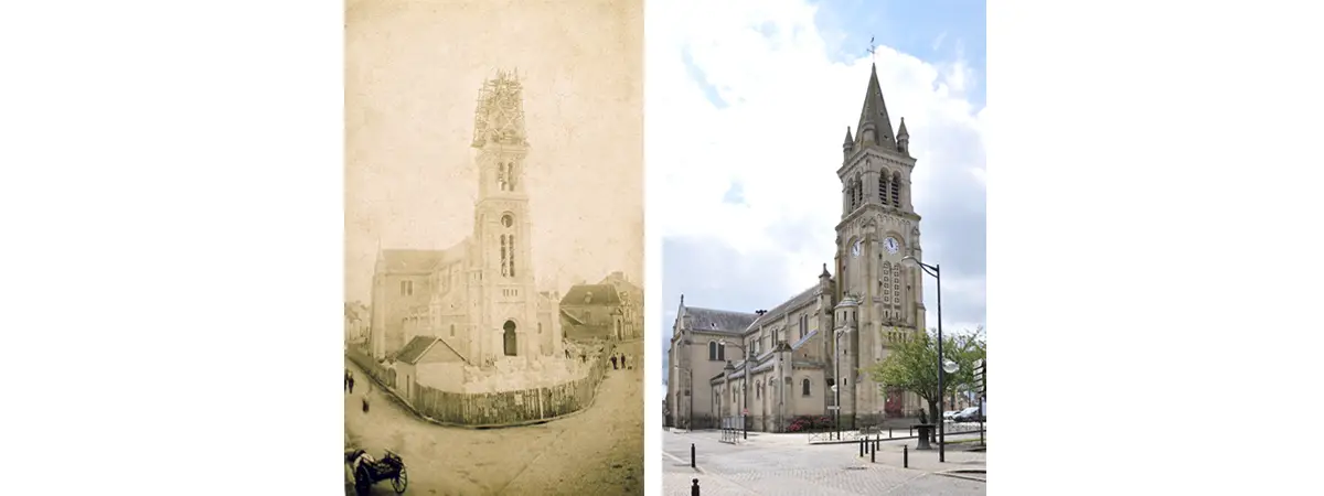 À gauche : L'église Saint-Pierre d'Alençon en cours de construction. (Coll. Gabriel Fleury) ; À droite : L'église Saint-Pierre d'Alençon aujourd'hui.