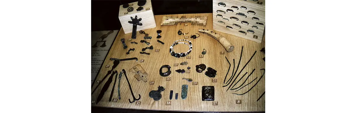 Photo de l'une des vitrines de l’exposition montrant des fibules.