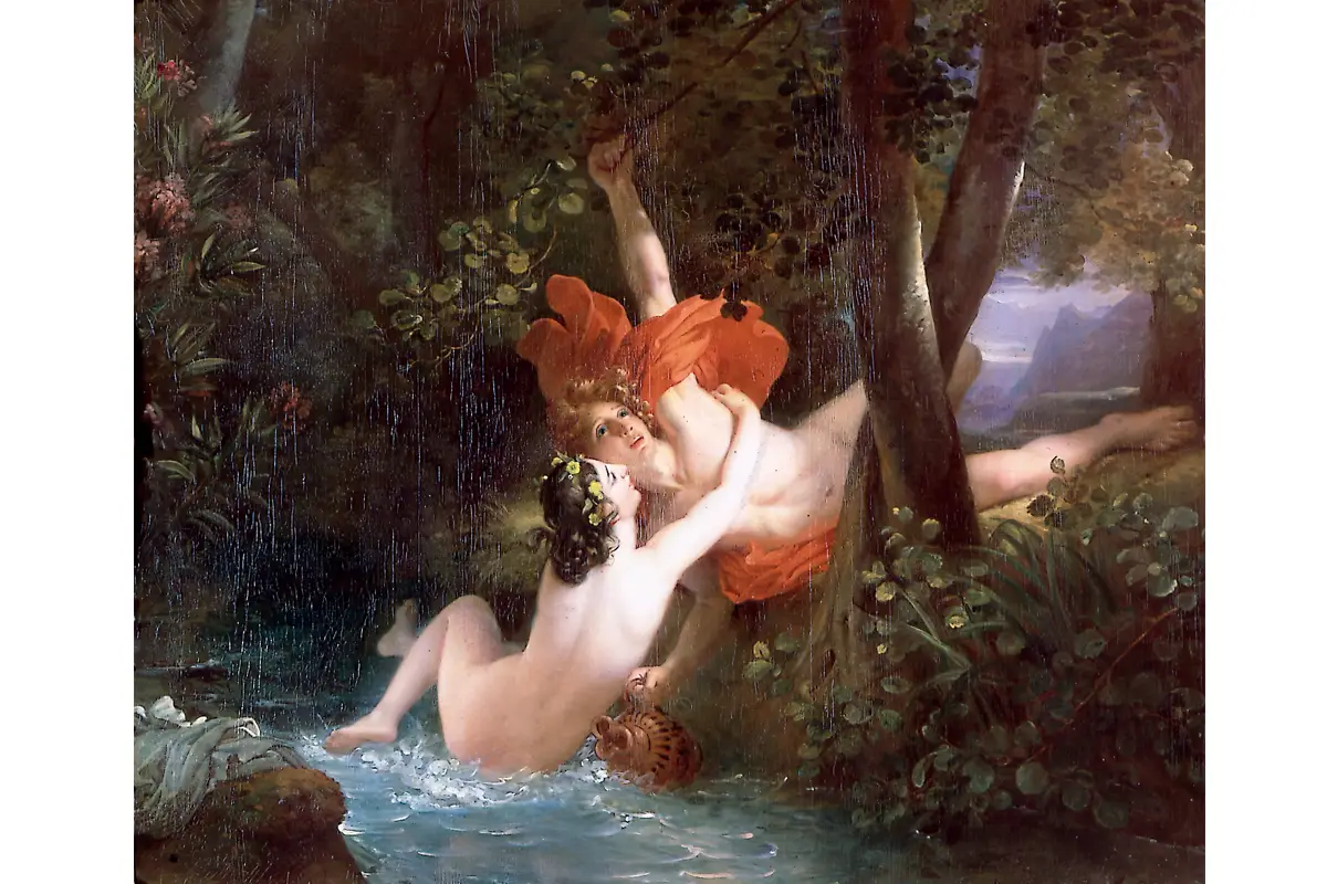 Hylas et la nymphe, 1826. Un des trois tableaux du baron François Gérard offerts au Musée de Bayeux par son neveu Henri-Alexandre. Ce sont, comme la plupart des œuvres de sa donation, des peintures à l’huile sur toile sur châssis de bois.