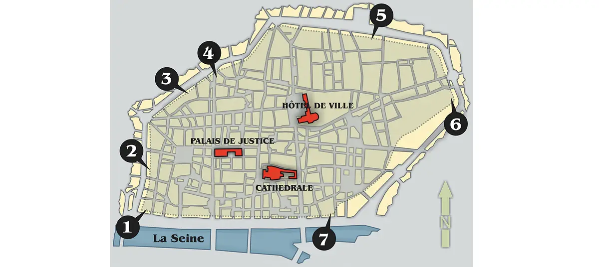Localisation des sites évoqués, sur un fond de plan actuel de Rouen