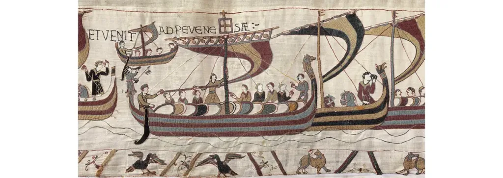 Scène de la Tapisserie de Bayeux. La flotte normande voguant vers l’Angleterre. Prémonitoire ?