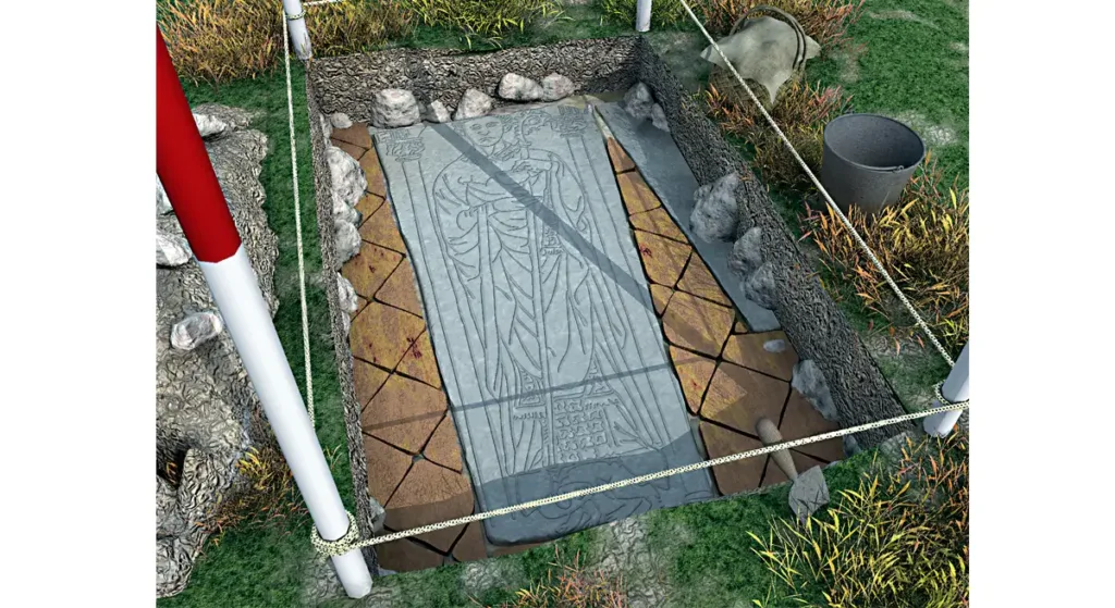 Reconstitution de la découverte d’une plate-tombe inédite encastrée dans le pavement de la salle capitulaire.