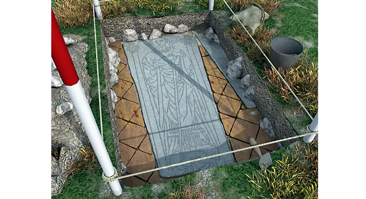Reconstitution de la découverte d’une plate-tombe inédite encastrée dans le pavement de la salle capitulaire.