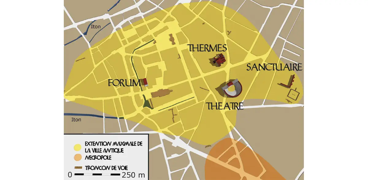 Plan schématique de la ville antique au Haut Empire, Ier aux IIIe siècles.