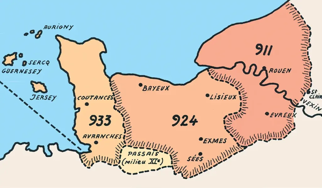 Carte montrant la formation de la Normandie à partir du comté de Rouen.