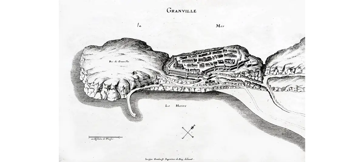 Gravure réalisée au XVIIe siècle par Tassin représentant la ville et la configuration particulière de Granville.