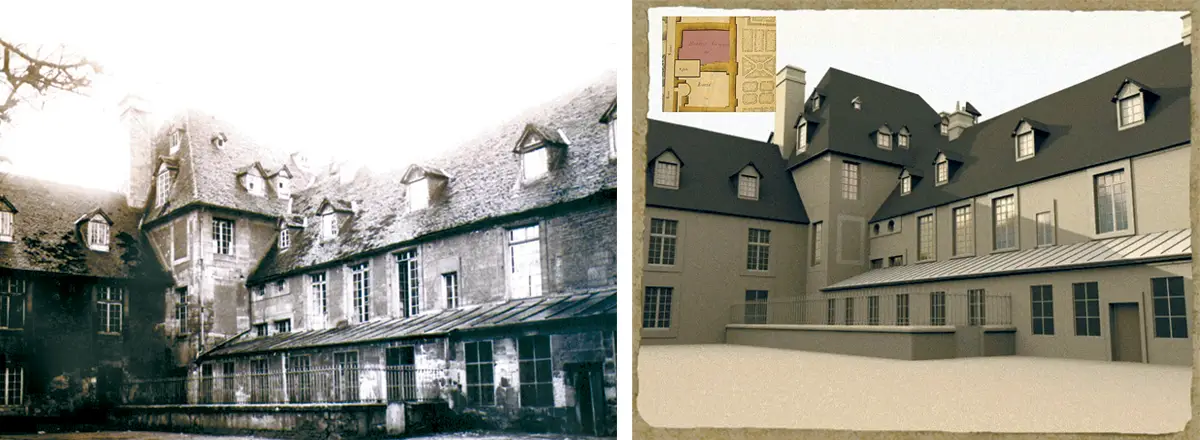 Photo du bâtiment de liaison avec la chapelle, depuis la cour nord. Infographie inspirée de cette dernière.