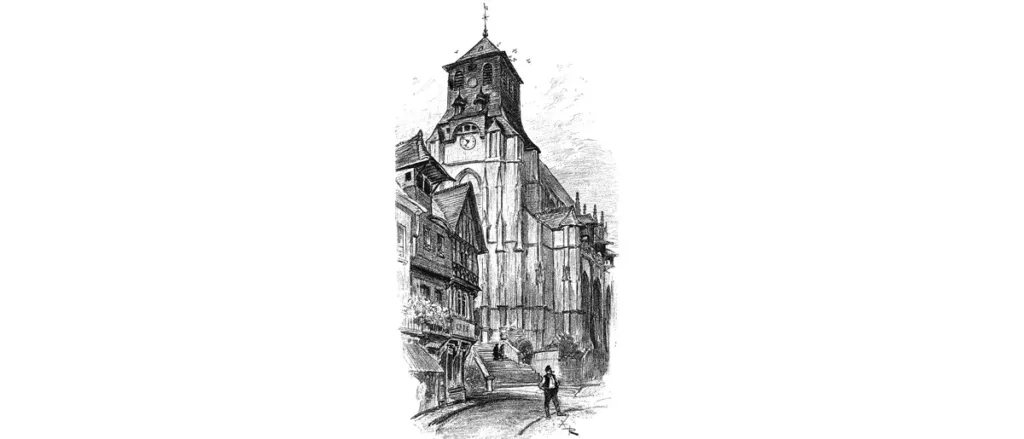 Illustration d’A. Robida montrant l’église Saint-Jacques dominant majestueusement la place du Marché-au-Beurre. (© Coll. Patrimoine Normand)