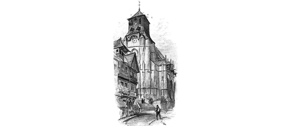 Illustration d’A. Robida montrant l’église Saint-Jacques dominant majestueusement la place du Marché-au-Beurre. (© Coll. Patrimoine Normand)
