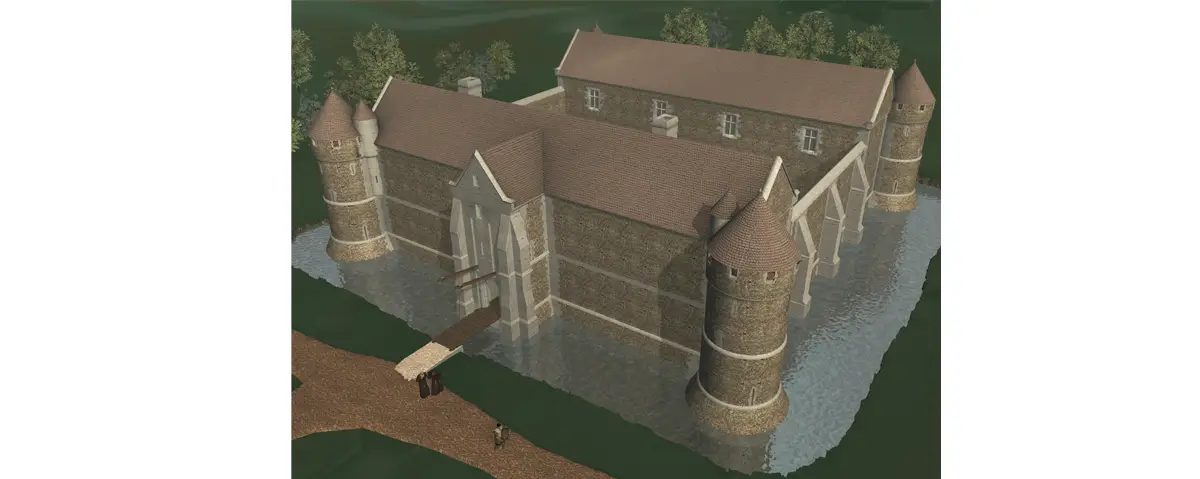 Évocation du manoir du Catel au XIVe siècle. Le bâtiment occupant la partie orientale de la cour a été restitué de façon conventionnelle ; compte tenu de la parfaite régularité du plan du monument, on peut penser que son volume était identique à celui de la construction qui lui faisait face. (© Érik Follain)