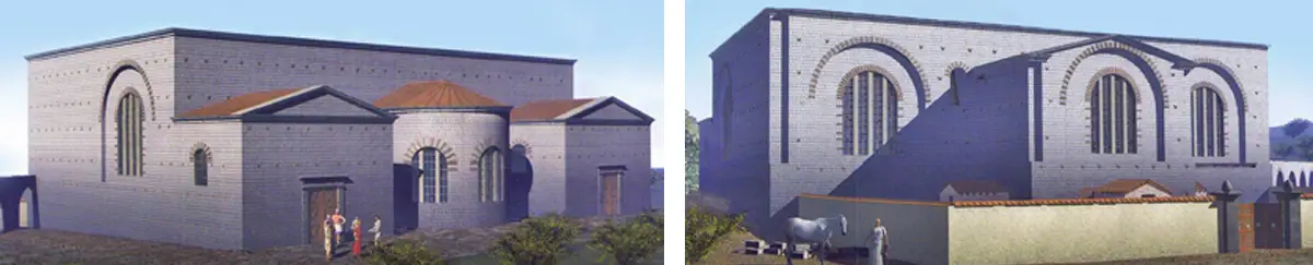 À gauche : thermes gallo-romain de Valognes, restitution vue au sol de l'est. (© PAO Érik Follain) ; à droite : restitution vue au sol de l'ouest. (© PAO Érik Follain)