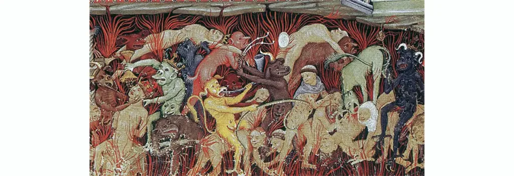 Les tourments des âmes au Purgatoire, première vision de la prieure du couvent de Louviers. Détail du folio 7 du Missel dit de sainte Eulalie : Le Jugement Dernier.