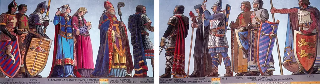 Fresque des chapelles oratoires de Passais (61). À droite : Aliénor d’Aquitaine et l’une de ses filles ; À gauche : Guillaume Talvas, seigneur de Domfront et Guillaume, abbé de Lonlay, inspirateurs de héros de Chrétien de Troyes.