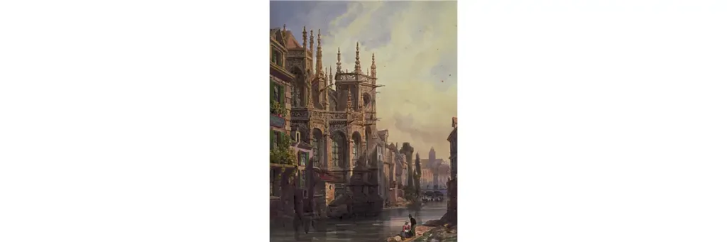 Thomas Shotter Boys, « Vue du chevet de l’église Saint-Pierre à Caen », 1865. On aperçoit tout contre l’église la tour Leroy.