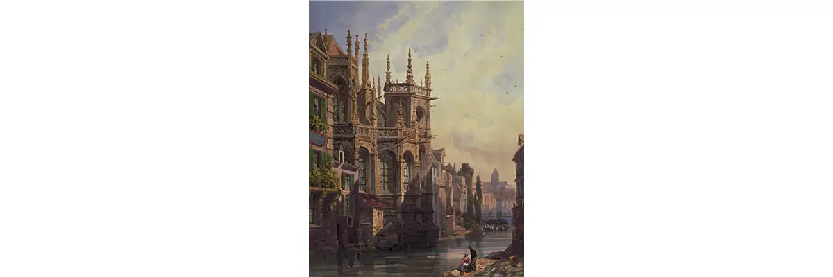 Thomas Shotter Boys, « Vue du chevet de l’église Saint-Pierre à Caen », 1865. On aperçoit tout contre l’église la tour Leroy.