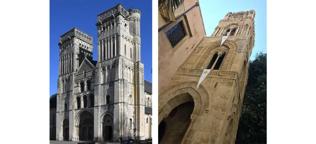 Photomontage montrant les analogies entre le campanile du XIIe siècle de Santa Maria dell' Ammiraglio à Palerme (Sicile) et les tours de la trinité de Caen.