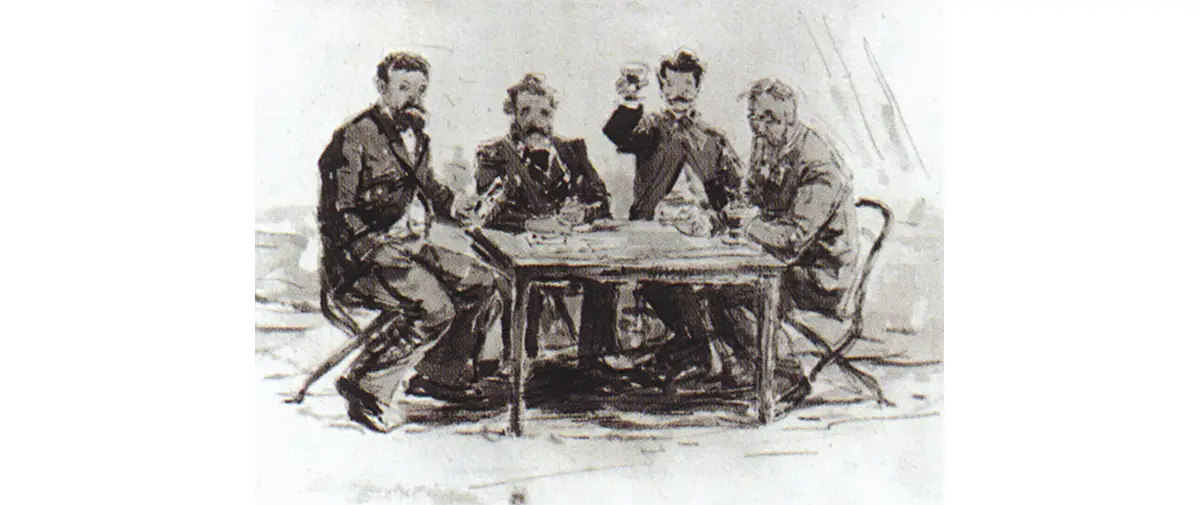 Aquarelle de Boudin. À la ferme Saint-Siméon. On y voit Jongkind, van Marke, Monet et Achard.