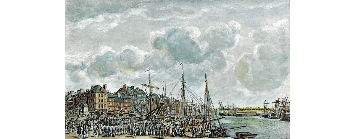 Le port et la ville du Havre. Vue de la place d’Armes, la Bourse, la Grande-Rue, à gauche, le quai, la Citadelle au fond à droite, et le chenal.