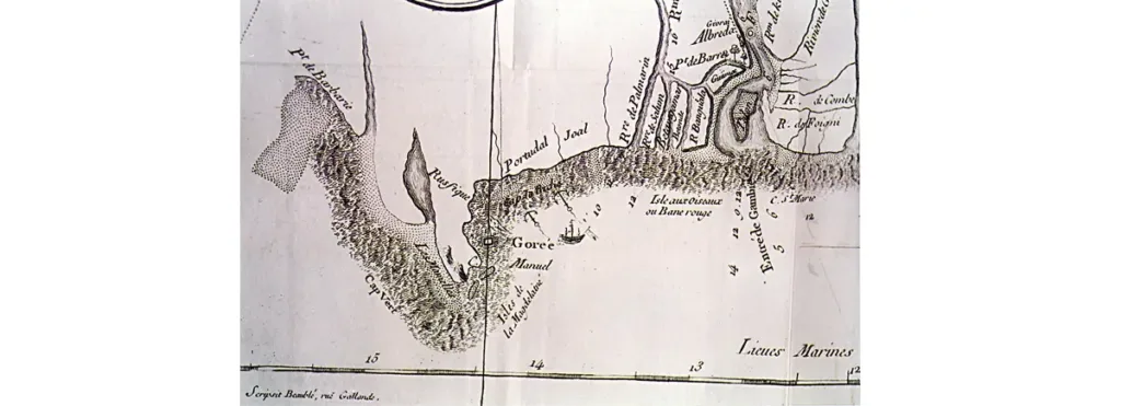 Carte des côtes du Sénégal d’après une carte fournie par l’Abbé Demanet dans son ouvrage publié en 1767. On aperçoit le Cap Vert (où est actuellement implanté la ville de Dakar) où Jehan Prunaut et ses « preux » compagnons eurent leur premier contact avec des Noirs, des Wolofs, peu après Noël 1364. On notera aussi Rufisque, où le français se serait conservé, vers le sud, les rivières Saloum et Gambie. Sur cette carte, le nord est à gauche.
