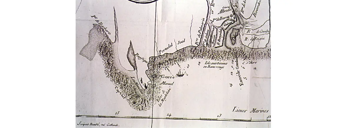 Carte des côtes du Sénégal d’après une carte fournie par l’Abbé Demanet dans son ouvrage publié en 1767. On aperçoit le Cap Vert (où est actuellement implanté la ville de Dakar) où Jehan Prunaut et ses « preux » compagnons eurent leur premier contact avec des Noirs, des Wolofs, peu après Noël 1364. On notera aussi Rufisque, où le français se serait conservé, vers le sud, les rivières Saloum et Gambie. Sur cette carte, le nord est à gauche.