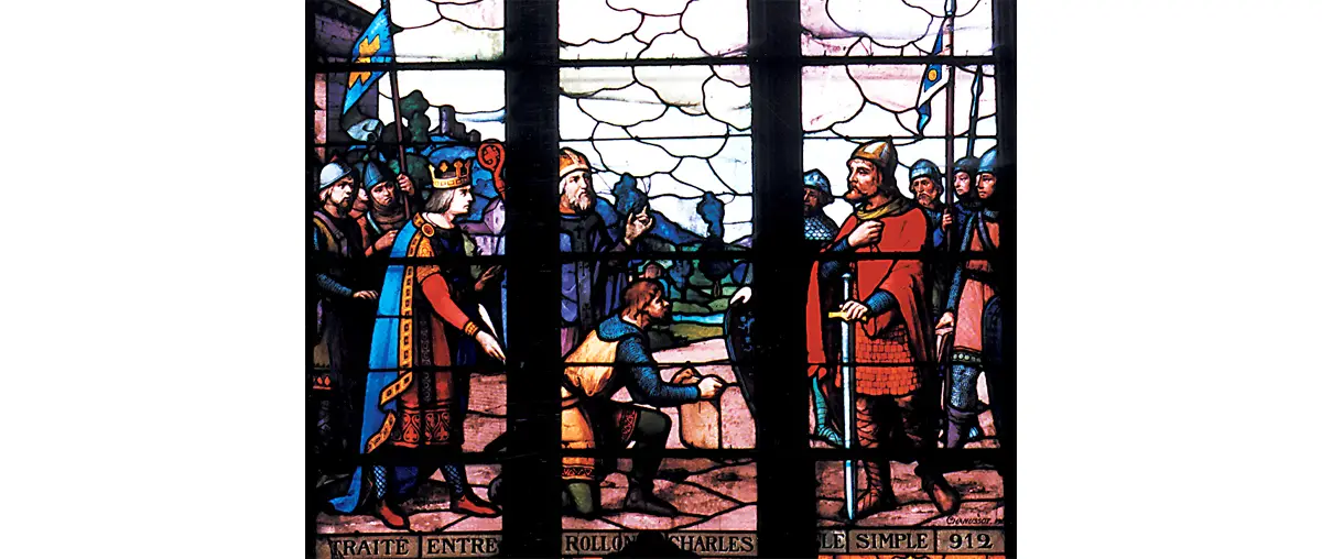 Vitrail de l’église Notre-Dame de Saint-Clair-sur-Epte représentant l’accord de 911 : à gauche, Charles le Simple et l'évêque ; à droite, Rollon.