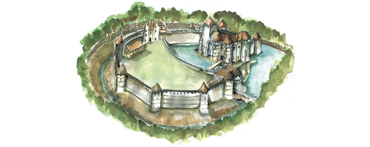 Reconstitution hypothétique du château d'Harcourt d'après J. Téaldi.