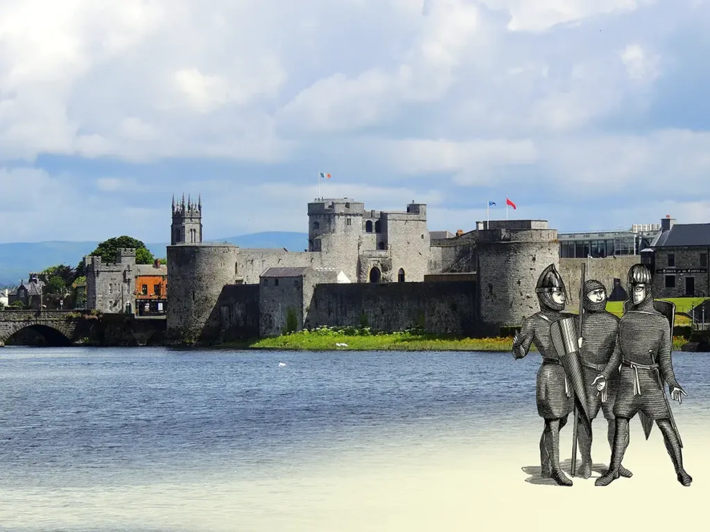 King John's Castle. Ce château, édifié peu après l’arrivée des Normands dans l’ouest de l’Irlande, à partir de 1194, fut construit à proximité de la ville viking, dans l’estuaire de la rivière Shannon. La ville prêta alors serment d’allégeance au roi d’Angleterre. (Photo Tourisme Irlandais, Brian Lynch.)