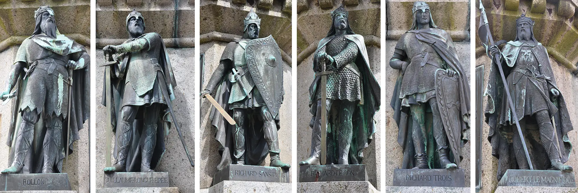 De gauche à droite : Rollon ; Guillaume Longue-Épée ; Richard sans Peur ; Richard le Bon ;  Richard III ; Robert le Magnifique.