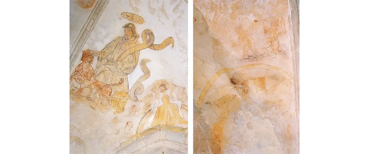 Photos avec à gauche : Saint-Marc et le Christ ; à droite : restes de peintures montrant des scènes érotiques : la servante tente de séduire le fils.