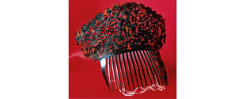Magnifique peigne de coiffure en écaille sculptée. Les motifs s’inspirent de la nature, des instruments de musique, comme on peut le voir ici. XIXe siècle. (Photo Éric Bruneval © Patrimoine Normand)