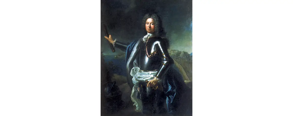 Jacques IV de Matignon (1689-1751) qui épousa Louise-Hippolyte Grimaldi Duchesse de Valentinois. Leur mariage en 1715 unit les deux familles. Il est habillé de la cuirasse traditionnelle, tient en main le bâton de commandement, et est placé devant le rocher de Monaco, ce qui situe la peinture entre 1731 et 1733.
