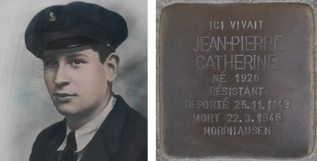 À gauche : Jean-Pierre Catherine. À droite : Pour la première fois en Normandie, une Stolperstein a été scellée le 11 novembre 2019 sur le trottoir devant la maison familiale au 41, rue de Bayeux, à Bretteville-l’Orgueilleuse. Les Stolpersteine (littéralement « pierres d’achoppement », « pierres sur lesquelles on peut trébucher ») sont des pavés de 10 x 10 cm, œuvres du sculpteur berlinois Gunter Demning, disposées devant les anciens domiciles de victimes du nazisme.