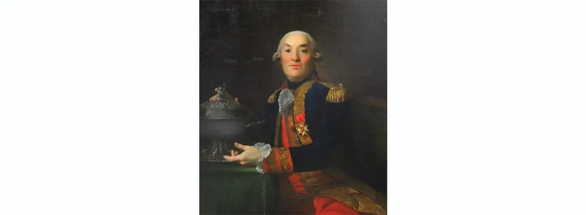 Portrait de Pléville Le Pelley représenté sur ce portrait en costume de capitaine de vaisseau. En 1770, il sauve du naufrage un bateau anglais « l’Alarm », et reçoit en remerciement de l’Amirauté anglaise la soupière d’argent représentée sur le portrait.