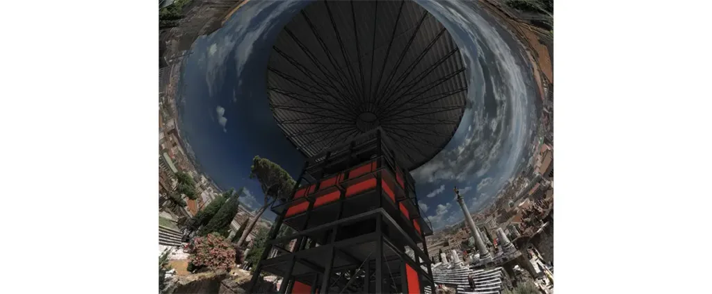 Intérieur du panorama XXL. Le premier panorama exposé de décembre 2014 à septembre 2015 sera « Rome 312 ». Il fait revivre un épisode historique de la Rome antique : le triomphe de l’empereur Constantin et de son armée après sa victoire sur Maxence. Les détails de l’architecture romaine, les tenues des soldats, la bande sonore, les jeux de lumière… recréent l’ambiance de la bataille et la joie de la victoire.