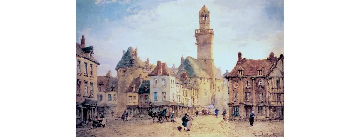La Place de l'Hôtel de Ville avec la Tour de la Porte Saint-Sauveur (à gauche) et la Porte-Horloge dans le fond d'après une aquarelle de la seconde moitié du siècle dernier réalisée par un Anglais signant P. Leboeuf.